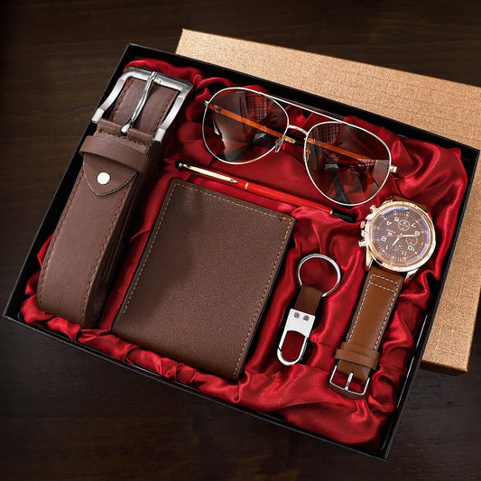 Kit de Luxo Masculino: Relógio, Óculos, Caneta, Chaveiro, Cinto e Carteira